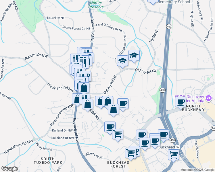 map of restaurants, bars, coffee shops, grocery stores, and more near 150 Old Ivy Road Northeast in Atlanta