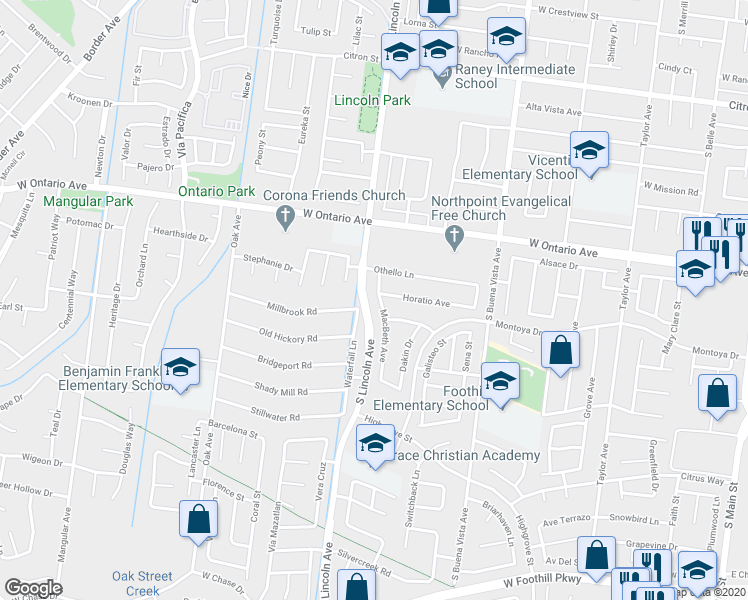 map of restaurants, bars, coffee shops, grocery stores, and more near 2382 Macbeth Avenue in Corona