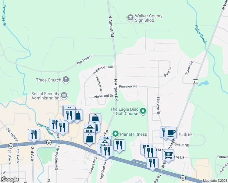 map of restaurants, bars, coffee shops, grocery stores, and more near 702 North Airport Road in Jasper