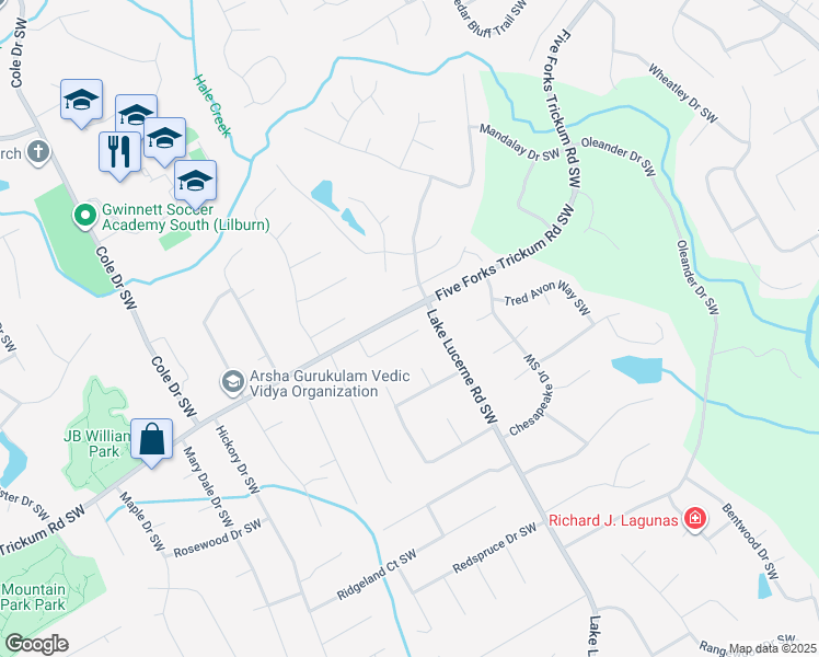 map of restaurants, bars, coffee shops, grocery stores, and more near 4575 Parkview Walk Drive in Lilburn