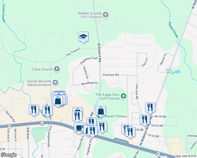 map of restaurants, bars, coffee shops, grocery stores, and more near 702 North Airport Road in Jasper