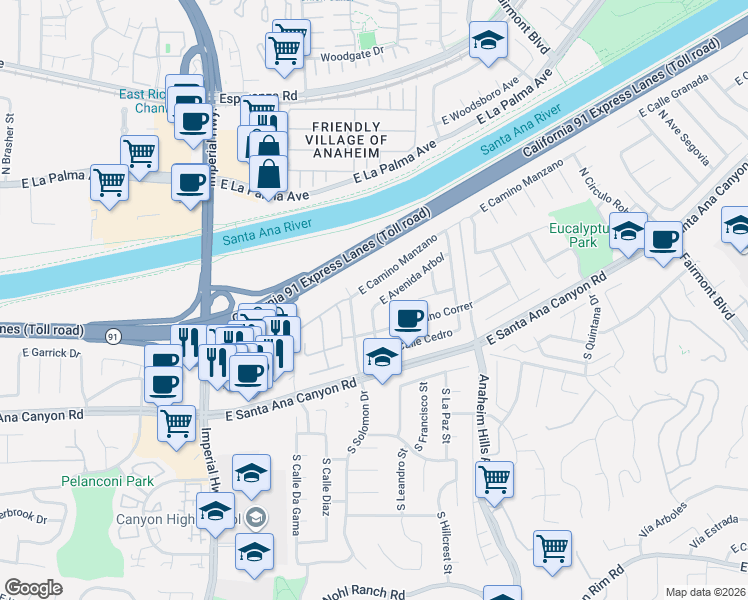 map of restaurants, bars, coffee shops, grocery stores, and more near 180 North Avenue Pina in Anaheim