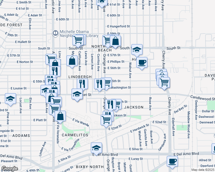 map of restaurants, bars, coffee shops, grocery stores, and more near 5429 Orange Avenue in Long Beach