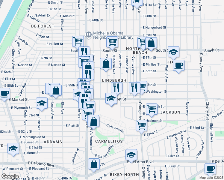 map of restaurants, bars, coffee shops, grocery stores, and more near 5431 Myrtle Avenue in Long Beach