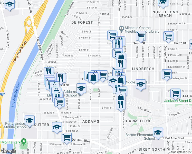 map of restaurants, bars, coffee shops, grocery stores, and more near 310 East Louise Street in Long Beach