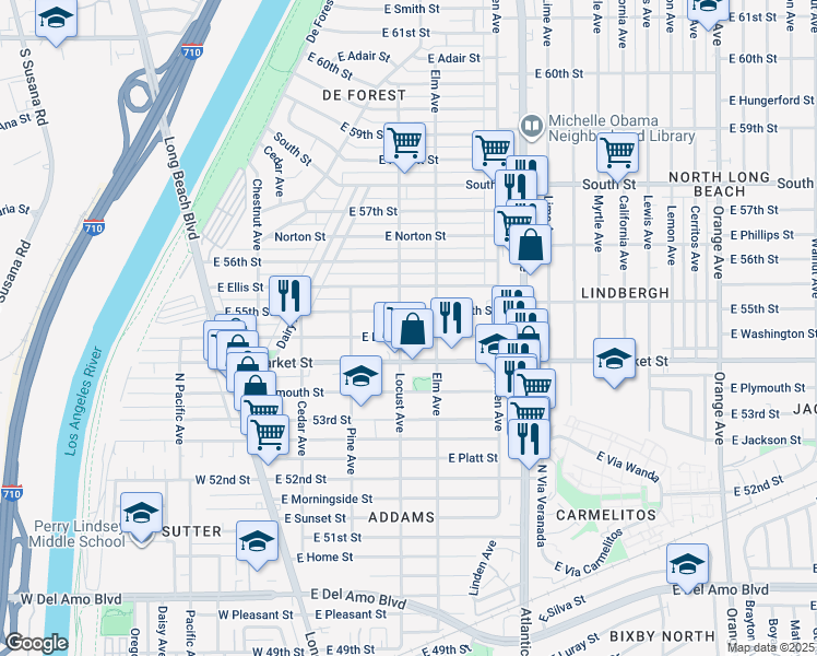 map of restaurants, bars, coffee shops, grocery stores, and more near 310 East Louise Street in Long Beach