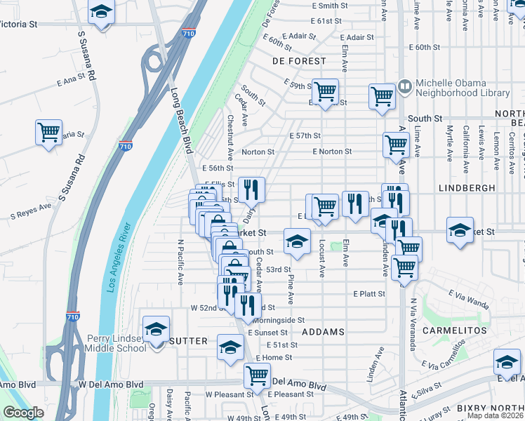 map of restaurants, bars, coffee shops, grocery stores, and more near 92 East Louise Street in Long Beach