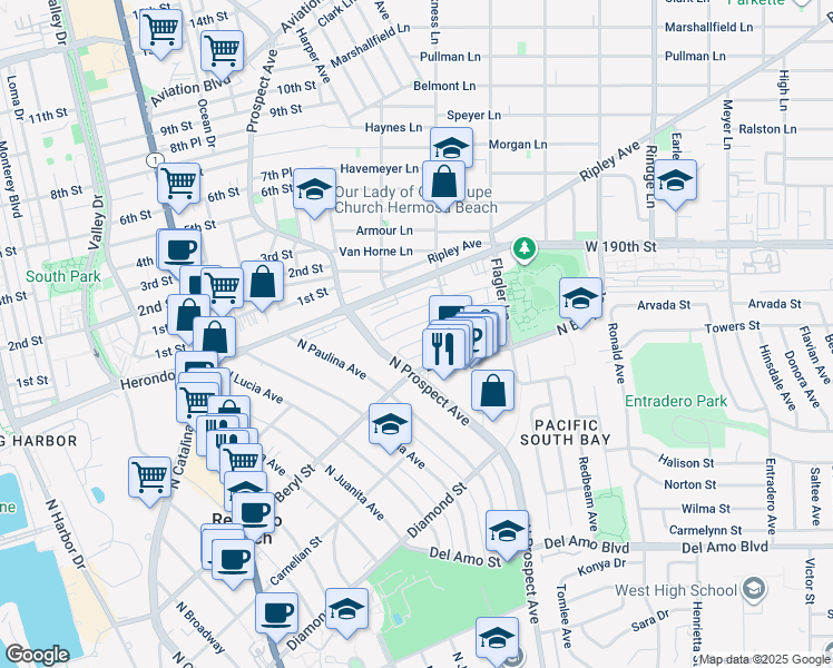 map of restaurants, bars, coffee shops, grocery stores, and more near 1216 Amethyst Street in Redondo Beach