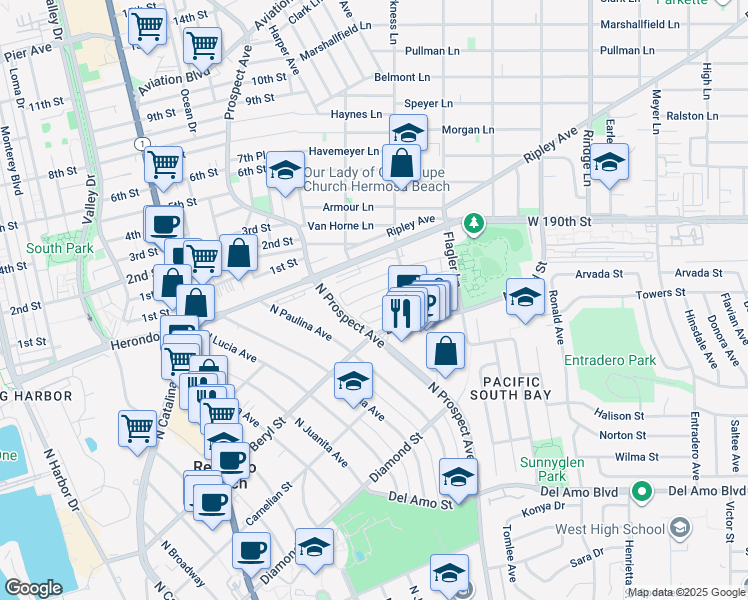 map of restaurants, bars, coffee shops, grocery stores, and more near 1216 Amethyst Street in Redondo Beach