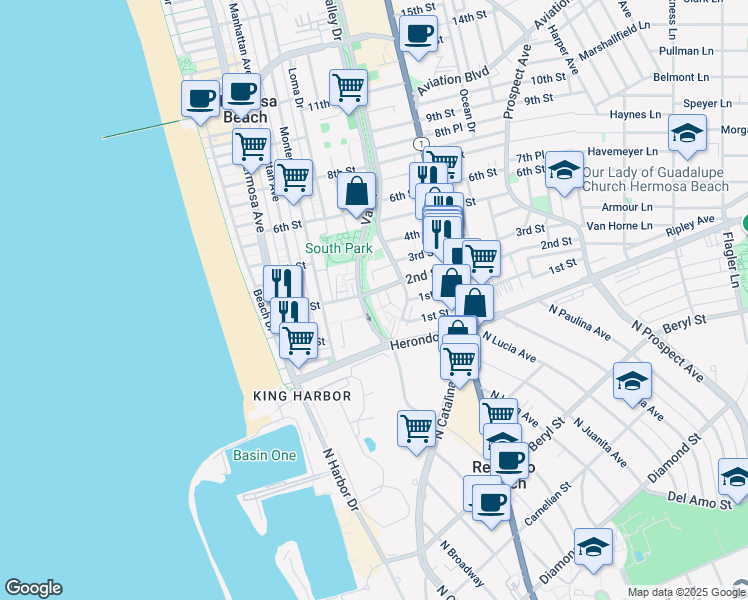 map of restaurants, bars, coffee shops, grocery stores, and more near 110 Hill Street in Hermosa Beach