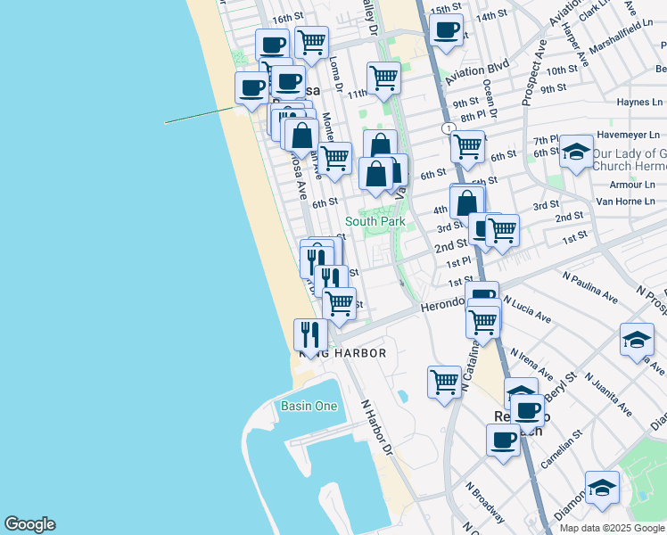 map of restaurants, bars, coffee shops, grocery stores, and more near 216 Hermosa Avenue in Hermosa Beach