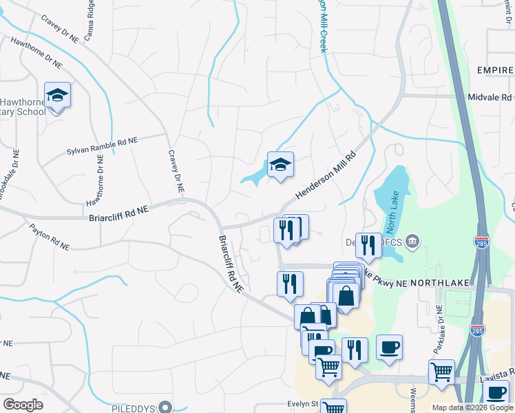 map of restaurants, bars, coffee shops, grocery stores, and more near 2416 Magnolia Springs Court in Atlanta