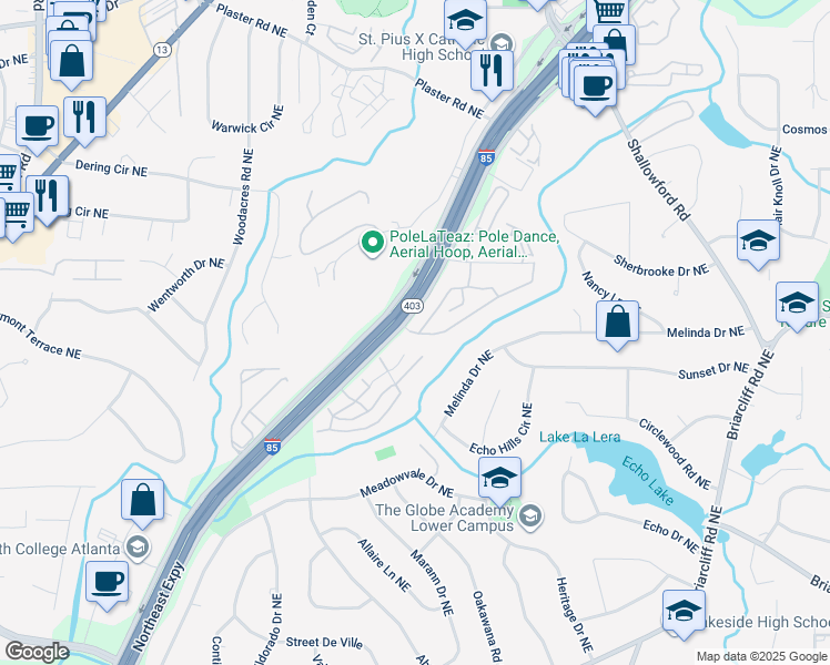 map of restaurants, bars, coffee shops, grocery stores, and more near 2530 Peachwood Circle Northeast in Atlanta