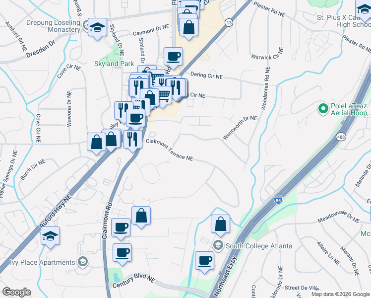 map of restaurants, bars, coffee shops, grocery stores, and more near 1956 Clairmont Terrace Northeast in Atlanta