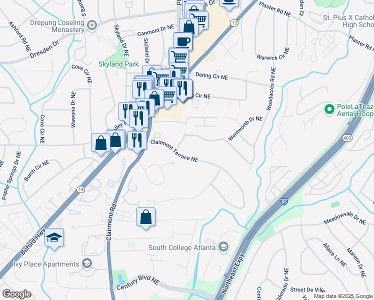 map of restaurants, bars, coffee shops, grocery stores, and more near 1962 Clairmont Terrace Northeast in Atlanta