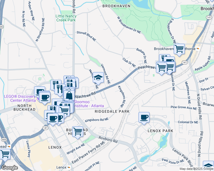 map of restaurants, bars, coffee shops, grocery stores, and more near 3707 Peachtree Road Northeast in Atlanta