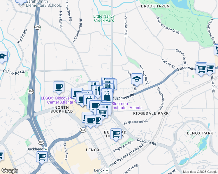 map of restaurants, bars, coffee shops, grocery stores, and more near 3630 Peachtree Road Northeast in Atlanta