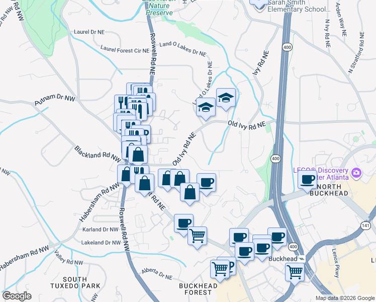 map of restaurants, bars, coffee shops, grocery stores, and more near 150 Old Ivy Road Northeast in Atlanta