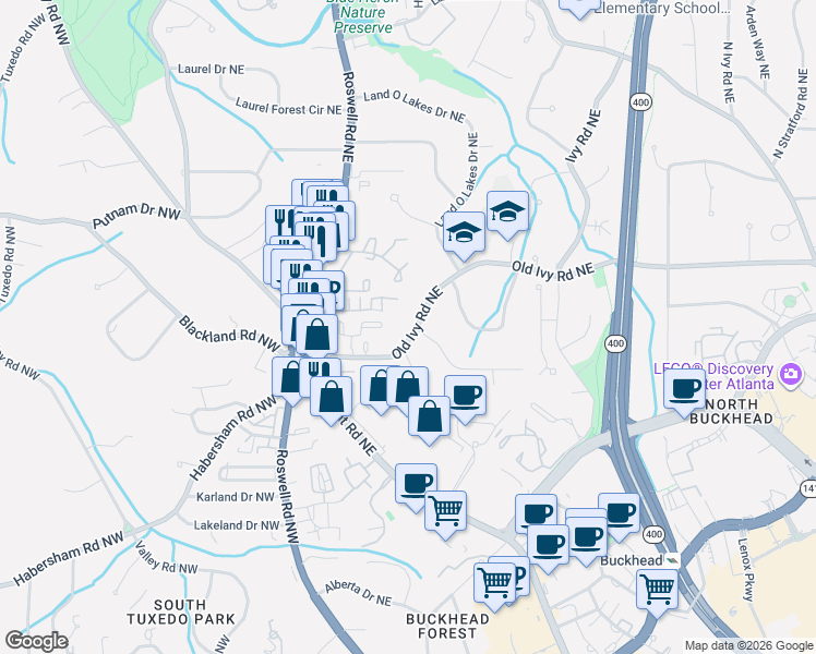 map of restaurants, bars, coffee shops, grocery stores, and more near 150 Old Ivy Road Northeast in Atlanta