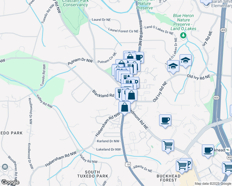 map of restaurants, bars, coffee shops, grocery stores, and more near 17 Blackland Road Northwest in Atlanta