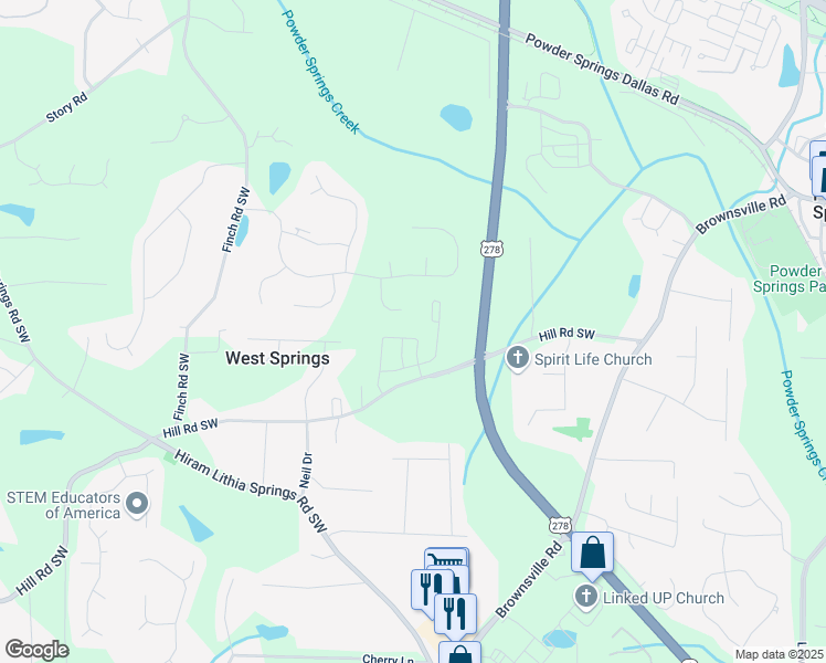 map of restaurants, bars, coffee shops, grocery stores, and more near 4079 Hillmont Lane in Powder Springs