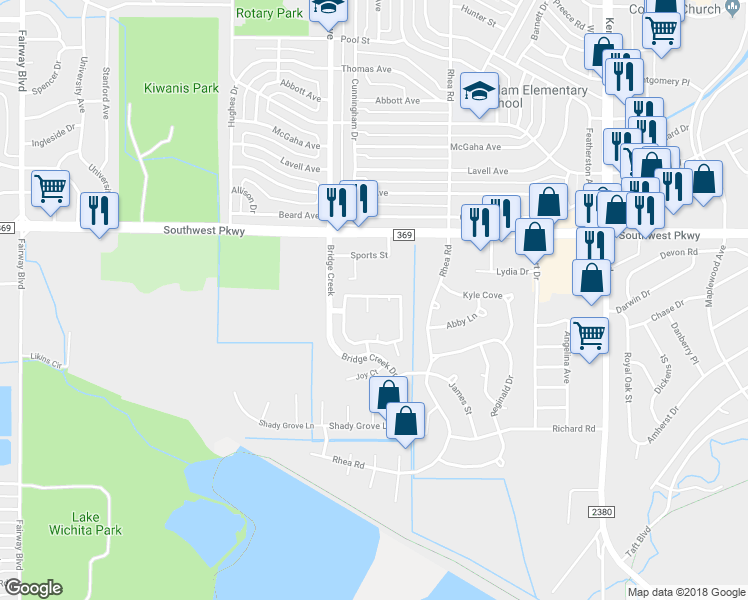 map of restaurants, bars, coffee shops, grocery stores, and more near 9 Candlewood Court in Wichita Falls