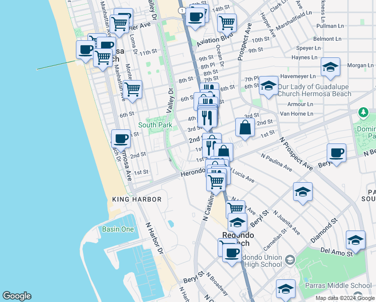 map of restaurants, bars, coffee shops, grocery stores, and more near 151 Ardmore Avenue in Hermosa Beach