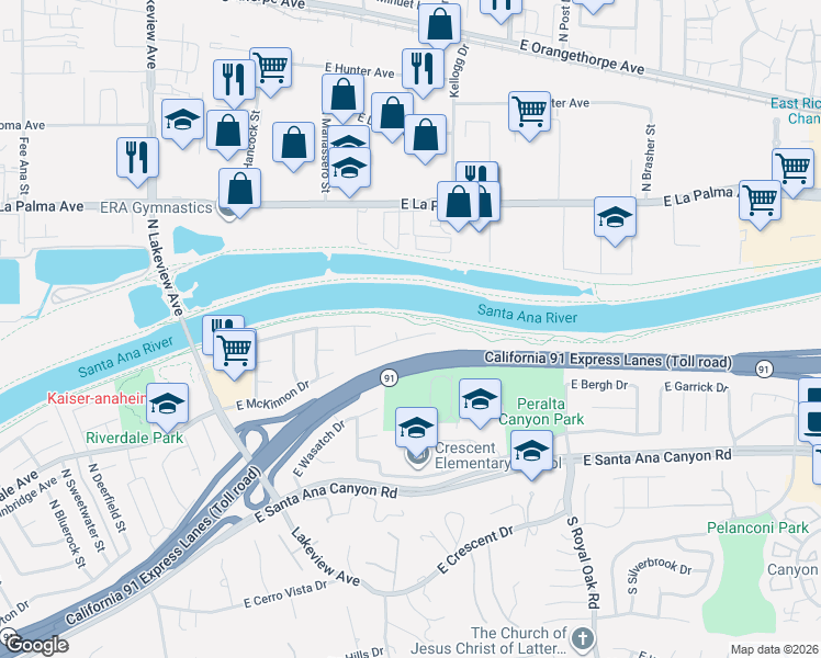 map of restaurants, bars, coffee shops, grocery stores, and more near 4914 East Gayann Drive in Anaheim