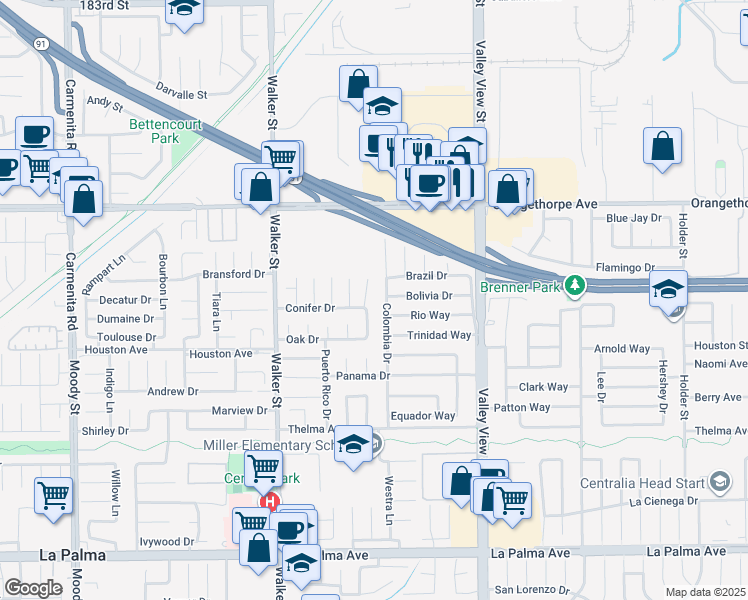 map of restaurants, bars, coffee shops, grocery stores, and more near 7372 Brian Lane in La Palma