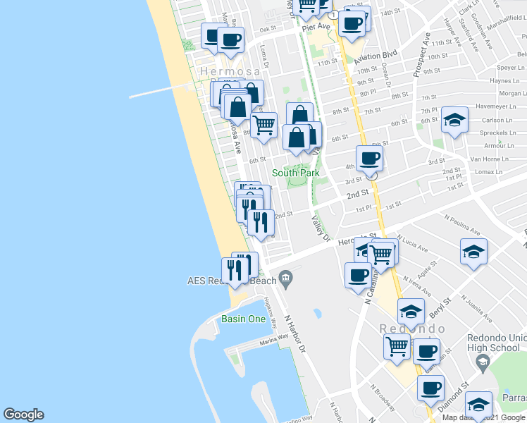 map of restaurants, bars, coffee shops, grocery stores, and more near 224 Palm Drive in Hermosa Beach