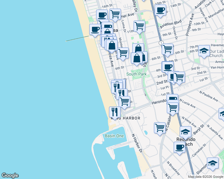 map of restaurants, bars, coffee shops, grocery stores, and more near 238 The Strand in Hermosa Beach