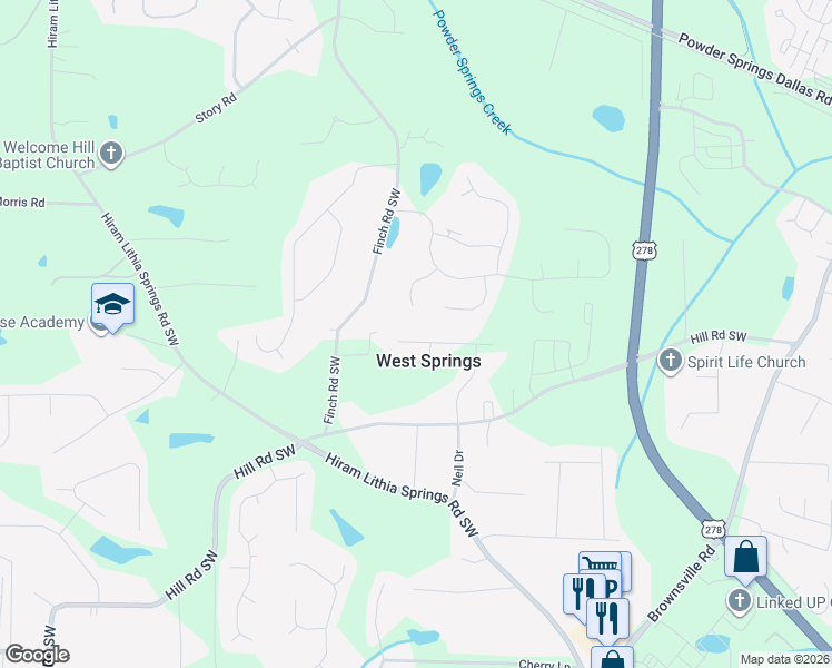 map of restaurants, bars, coffee shops, grocery stores, and more near 5235 Pine Way Road in Powder Springs