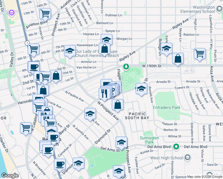 map of restaurants, bars, coffee shops, grocery stores, and more near 1306 Amethyst Street in Redondo Beach
