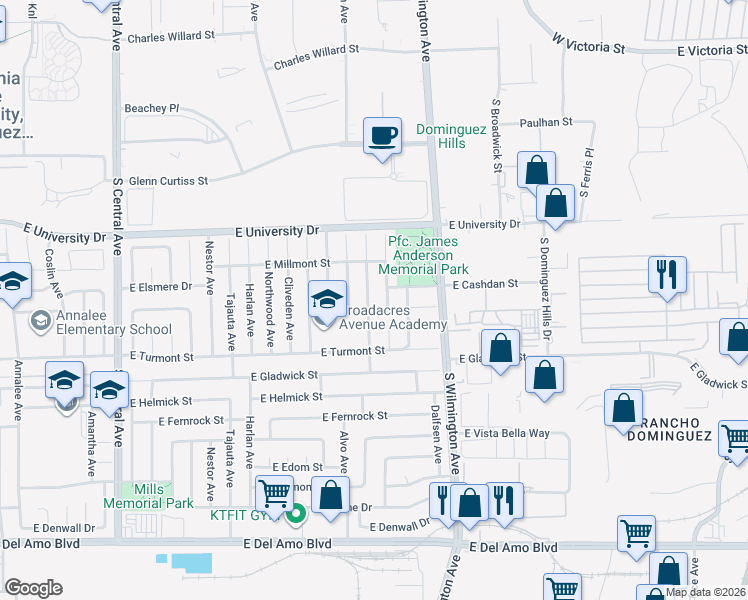 map of restaurants, bars, coffee shops, grocery stores, and more near 19312 Gunlock Avenue in Carson