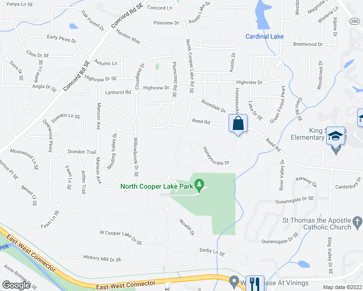 map of restaurants, bars, coffee shops, grocery stores, and more near 4062 Honeysuckle Court Southeast in Smyrna