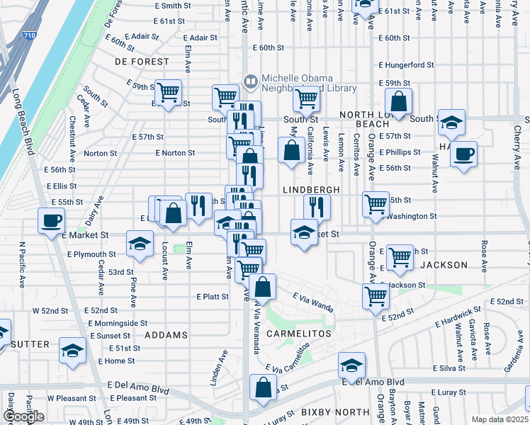 map of restaurants, bars, coffee shops, grocery stores, and more near 5458 Lime Avenue in Long Beach
