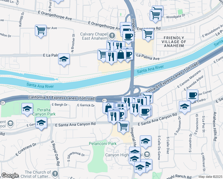map of restaurants, bars, coffee shops, grocery stores, and more near Santa Ana River Trail in Anaheim