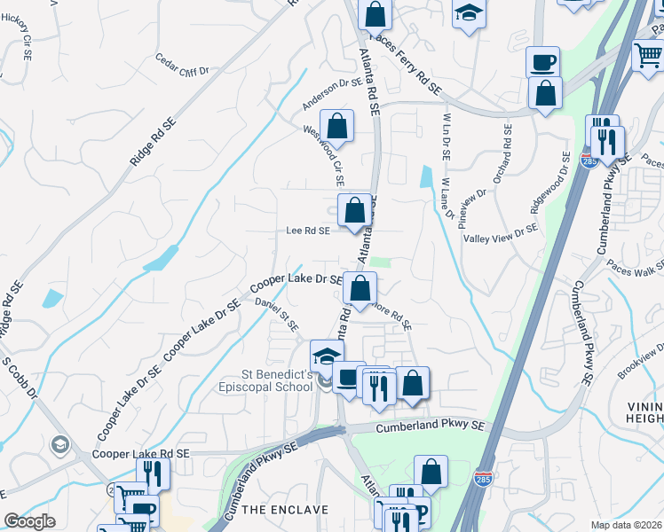 map of restaurants, bars, coffee shops, grocery stores, and more near 2085 Cooper Lake Drive Southeast in Smyrna