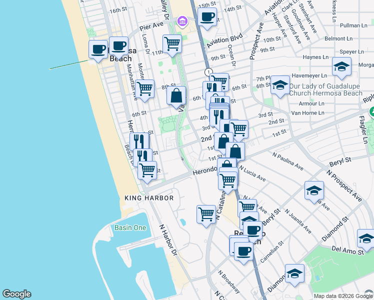 map of restaurants, bars, coffee shops, grocery stores, and more near 501 Herondo Street in Hermosa Beach