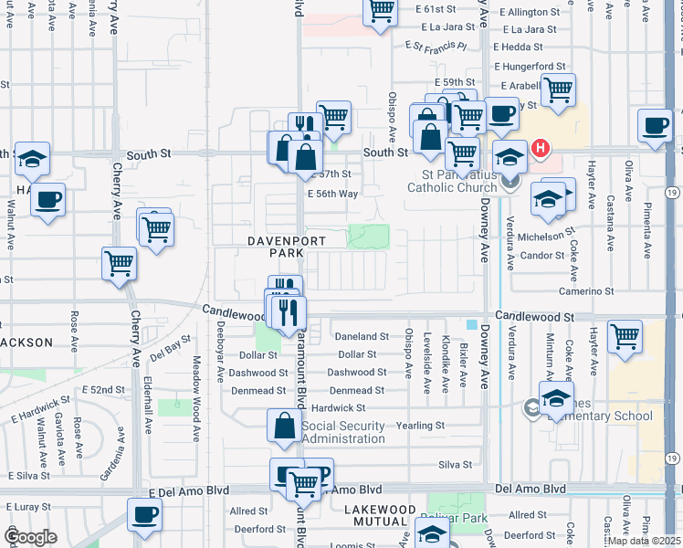 map of restaurants, bars, coffee shops, grocery stores, and more near 5450 Paramount Boulevard in Long Beach