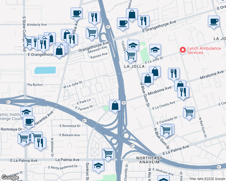 map of restaurants, bars, coffee shops, grocery stores, and more near 2635 Park Lane in Anaheim