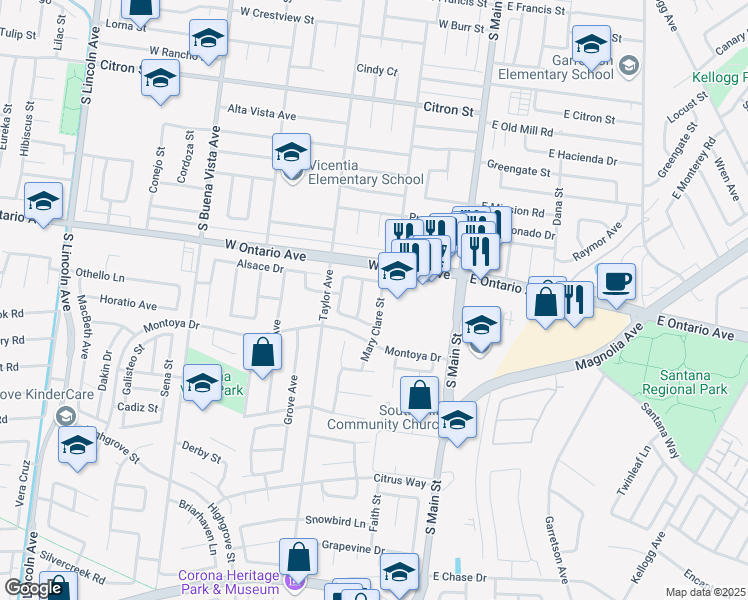 map of restaurants, bars, coffee shops, grocery stores, and more near 2272 Mary Clare Street in Corona