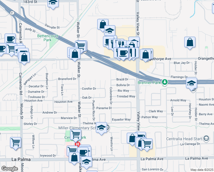 map of restaurants, bars, coffee shops, grocery stores, and more near 7372 Brian Lane in La Palma