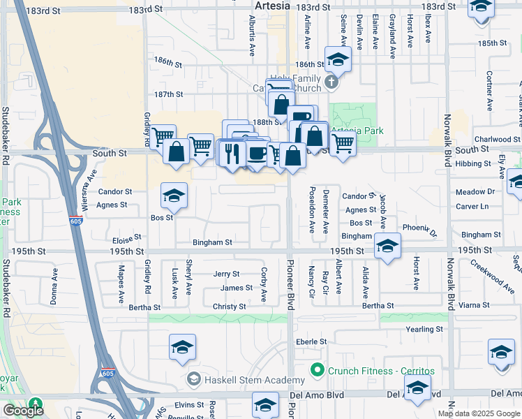 map of restaurants, bars, coffee shops, grocery stores, and more near 19324 Alburtis Avenue in Cerritos