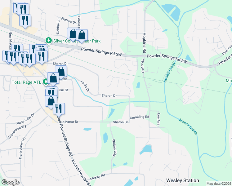 map of restaurants, bars, coffee shops, grocery stores, and more near 3635 Sharon Drive in Powder Springs