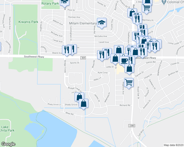 map of restaurants, bars, coffee shops, grocery stores, and more near 4703 Rhea Road in Wichita Falls