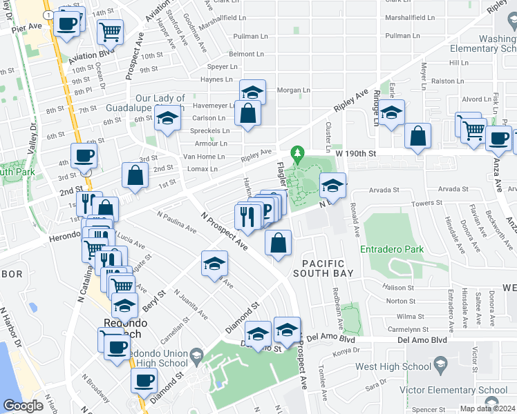 map of restaurants, bars, coffee shops, grocery stores, and more near 1302 Amethyst Street in Redondo Beach