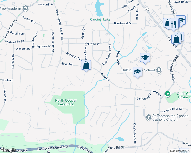 map of restaurants, bars, coffee shops, grocery stores, and more near 5025 Green Forest Parkway in Smyrna