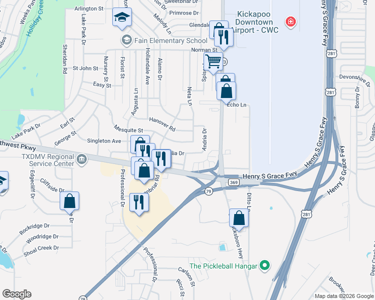 map of restaurants, bars, coffee shops, grocery stores, and more near 1525 Celia Drive in Wichita Falls
