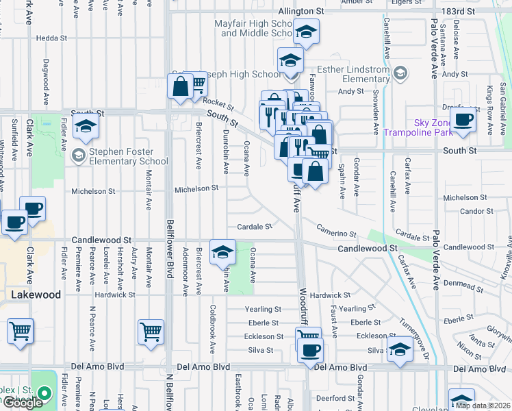 map of restaurants, bars, coffee shops, grocery stores, and more near 5373 Ocana Avenue in Lakewood